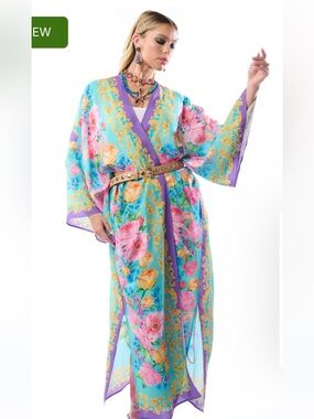 NWT Aratta Silent Journey- Blossom Maxi Kimono- Aqua Floral